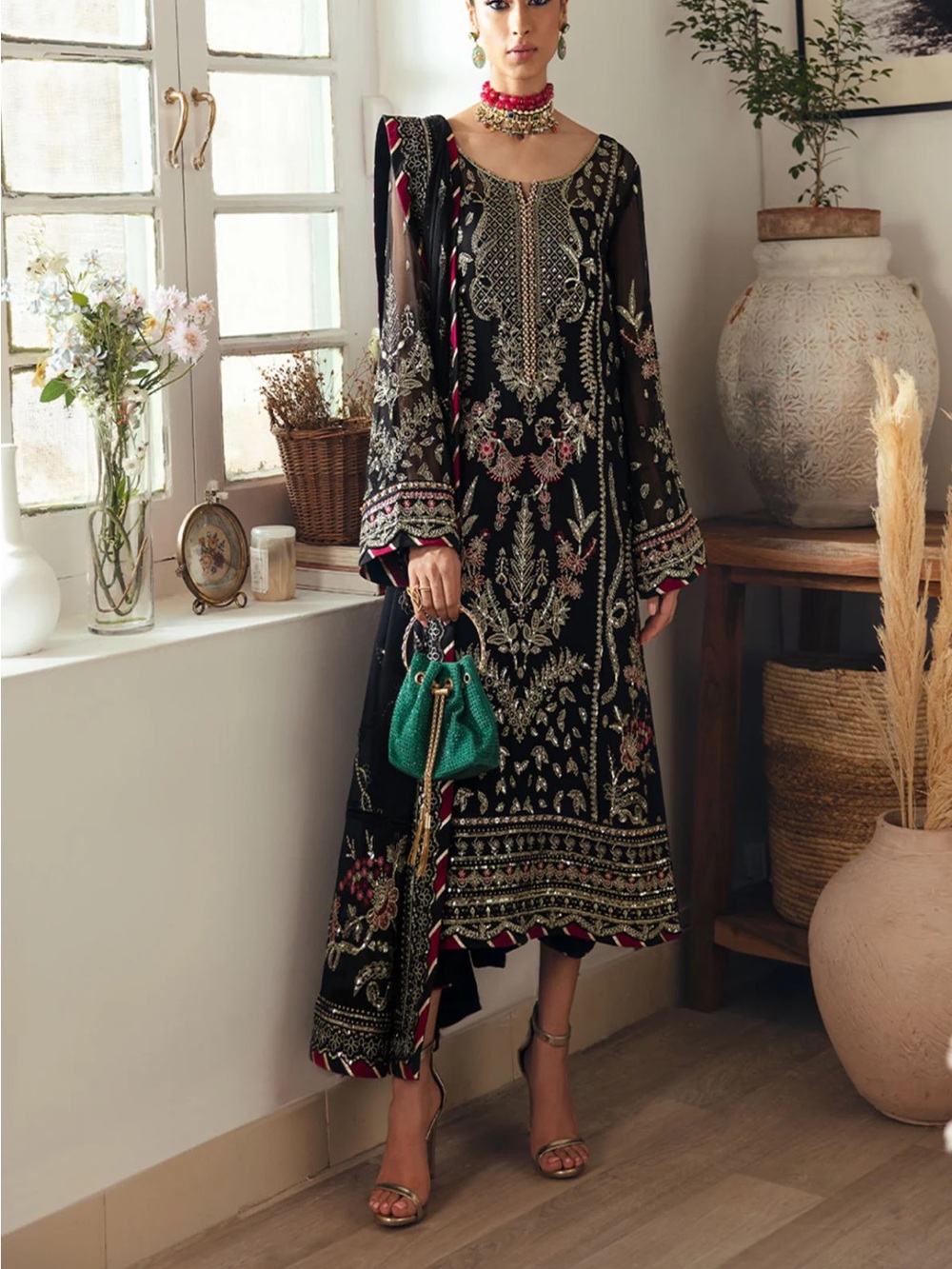 Black Embroidered Long Sleeve Kurta with Pink & Gold Accents
